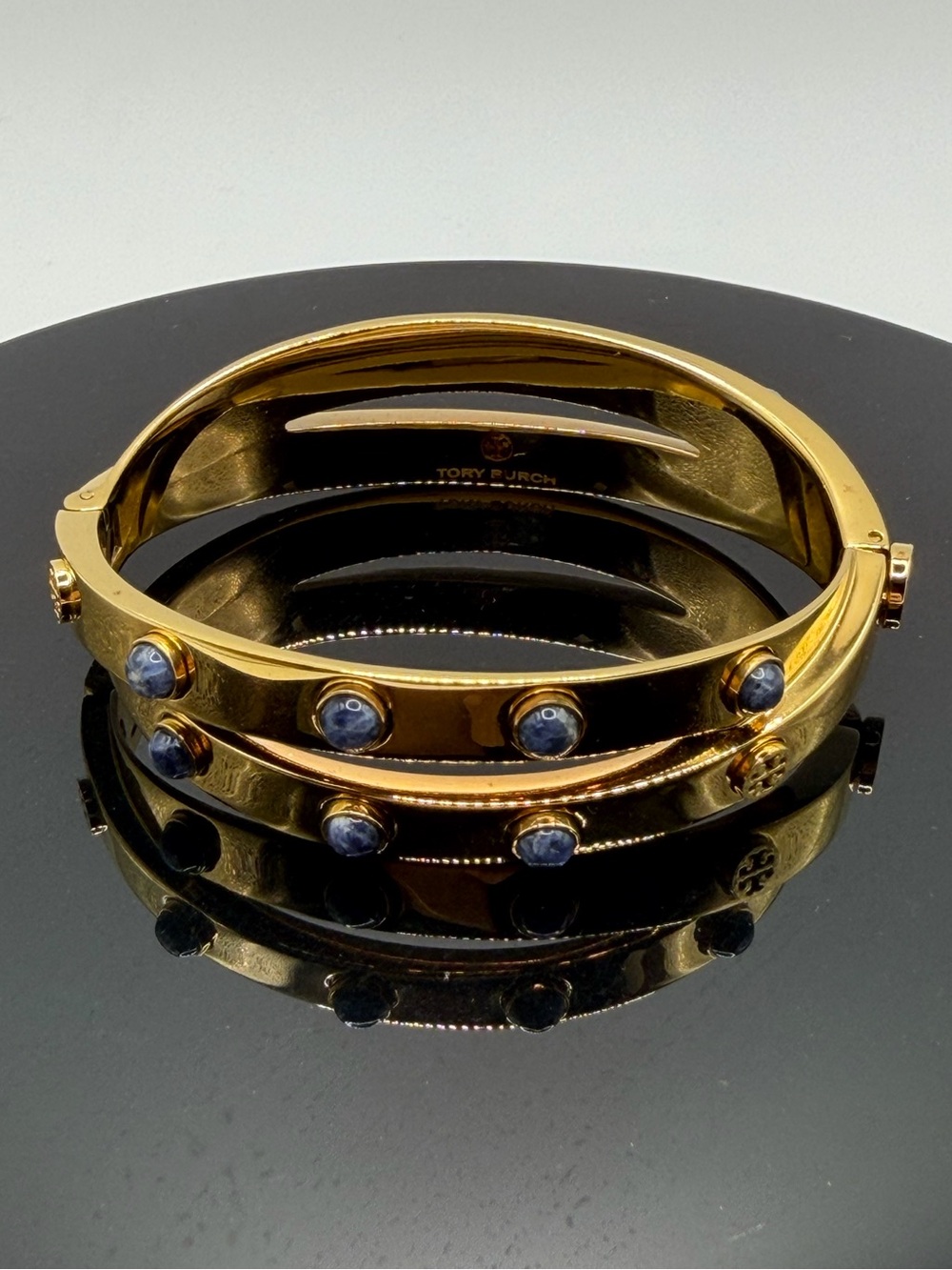 Tory Burch Double Bangle Gold Bracelet with Lapis Lazuli Cabochons
